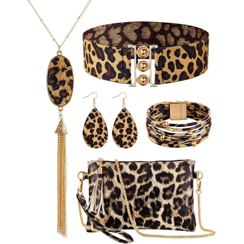 Leopard Jewelry Set Alloy Steel Earrings Necklace Bracelets Purse Belt for Women